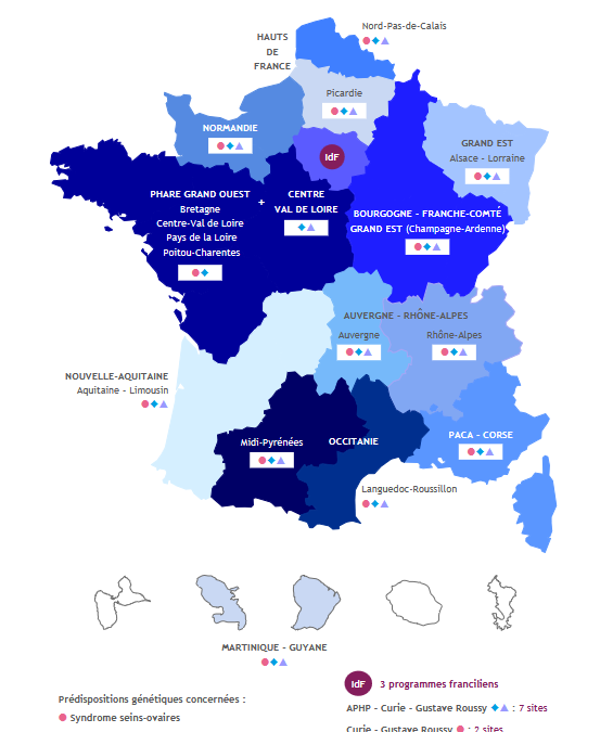 Carte et annuaire des 17 centres régionaux de suivi pluridisciplinaire  (INCa, Institut National du Cancer, 2018)