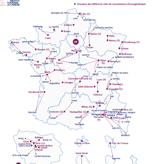 Carte et annuaire complet des consultations d&rsquo;oncogénétique (Institut National du CAncer, INCa, 2022)